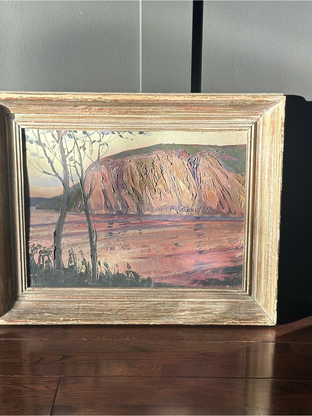 Framed Landscape Painting in Pink and Cream Tones
